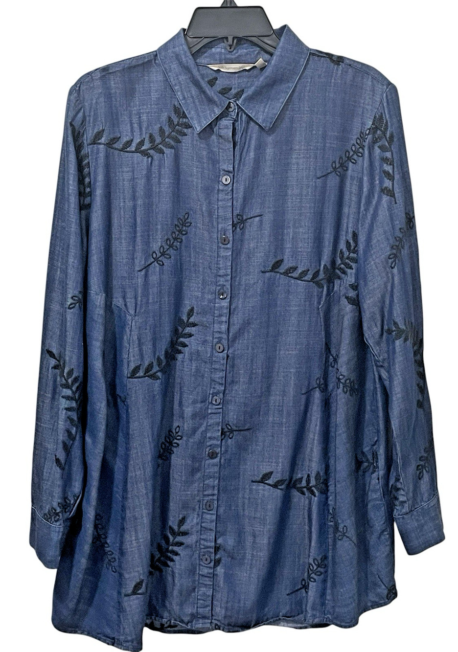 Soft Surroundings Papyrus Blue Chambray Tencel Embroidered Blouse Womens Large